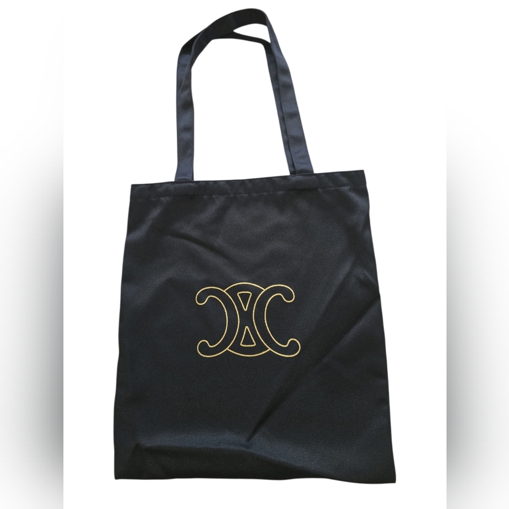 Celine Black Canvas Tote Bag Gold Logo Reusable Shopper NEW